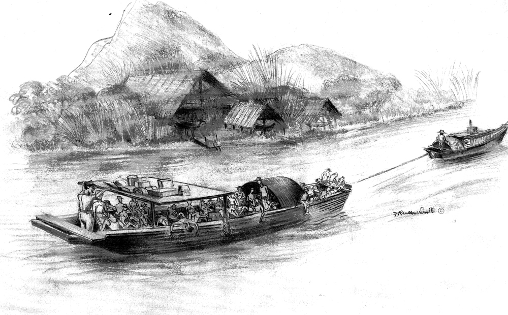 Drawing of a crowded medical evacuation boat on the Kwai Noi River